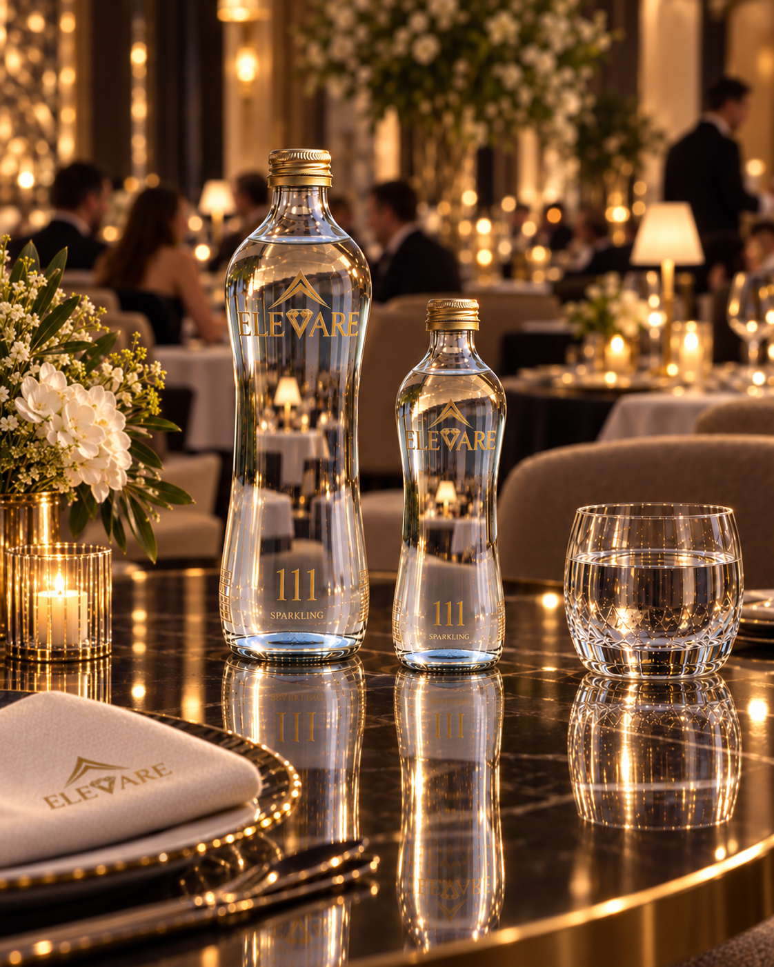 ELEVARE111 750 ml and 330 ml bottles beside a glass at a restaurant table